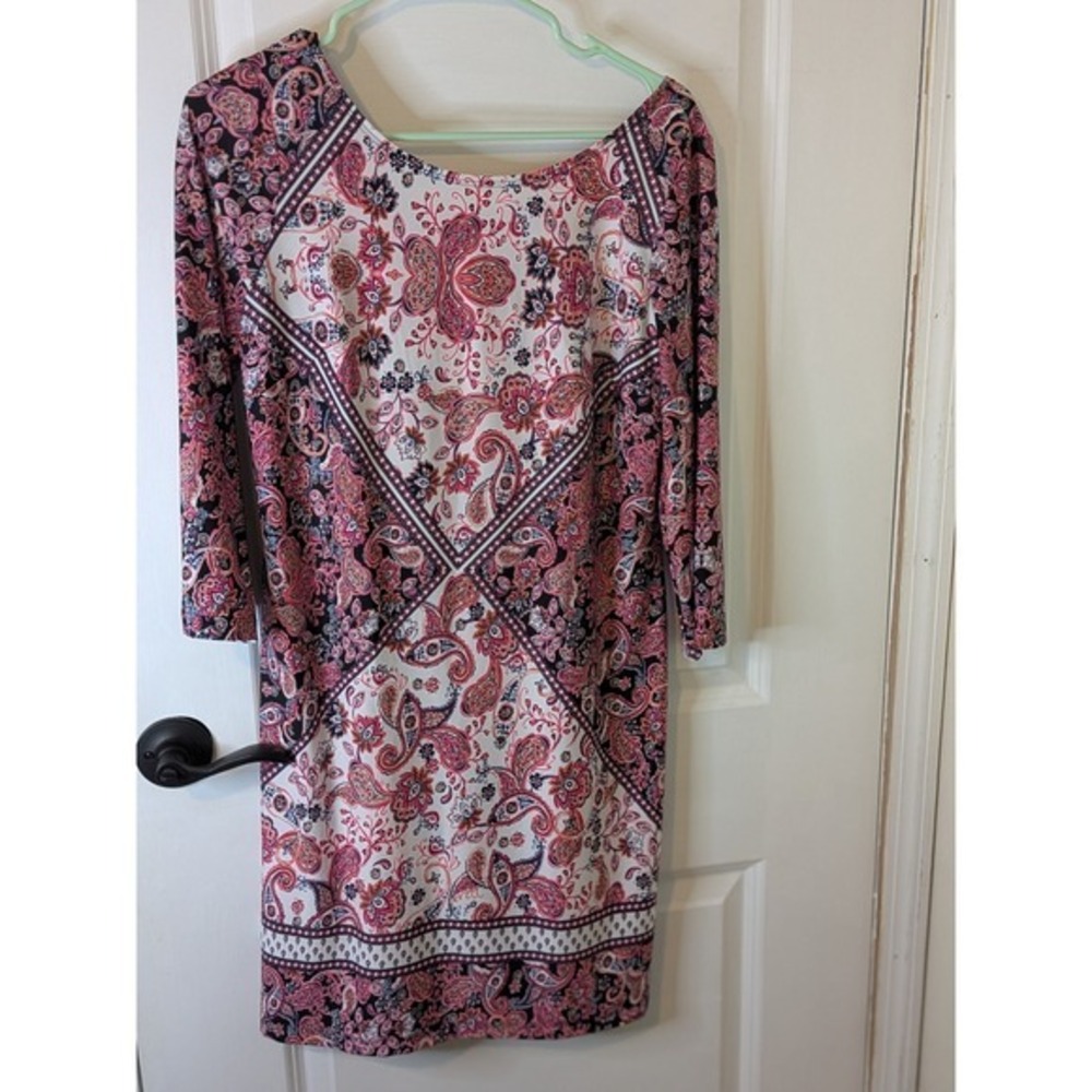 Apt 9 Womens Pink Navy Paisley Border Print 3/4 Sleeve Jersey Shift Dress Medium
